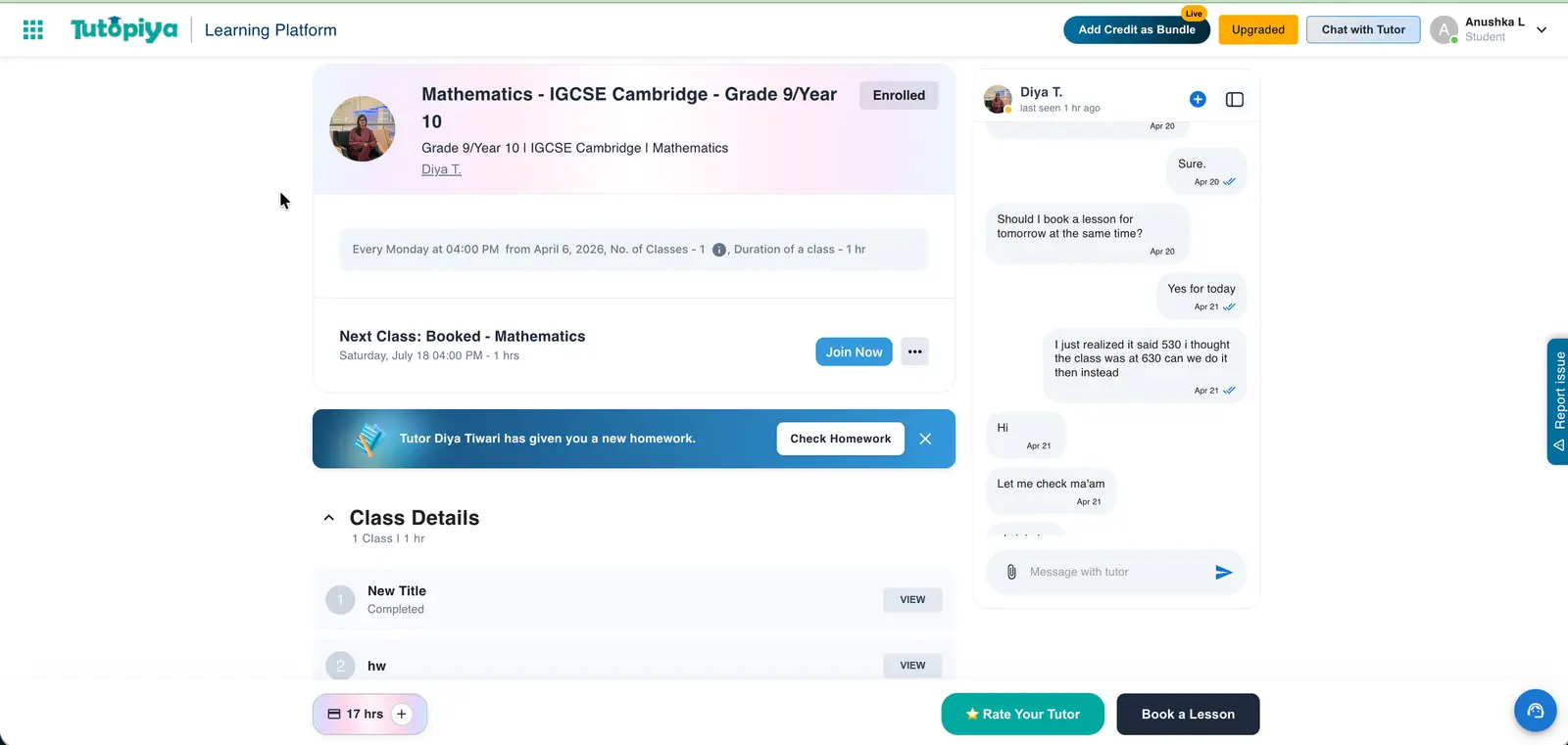 Tutopiya class dashboard with built-in tutor–student chat