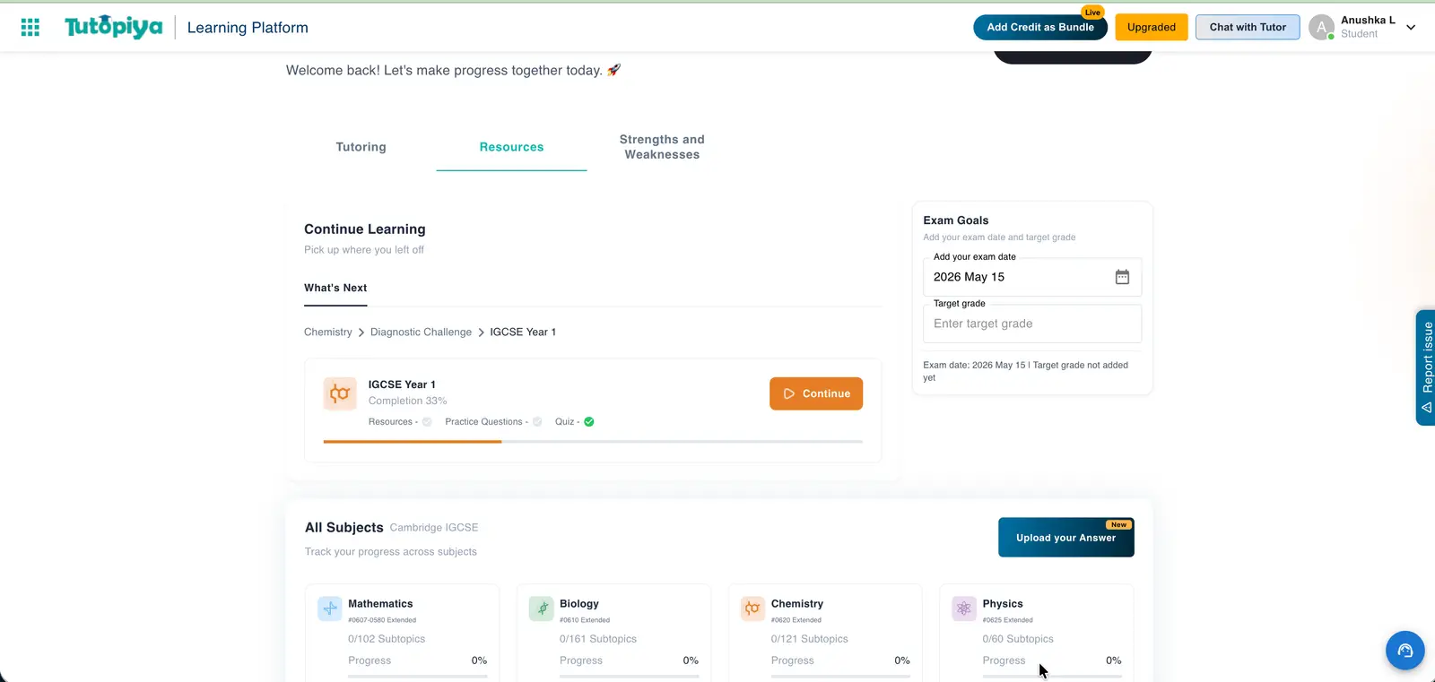 Resources dashboard with progress tracking and exam goals