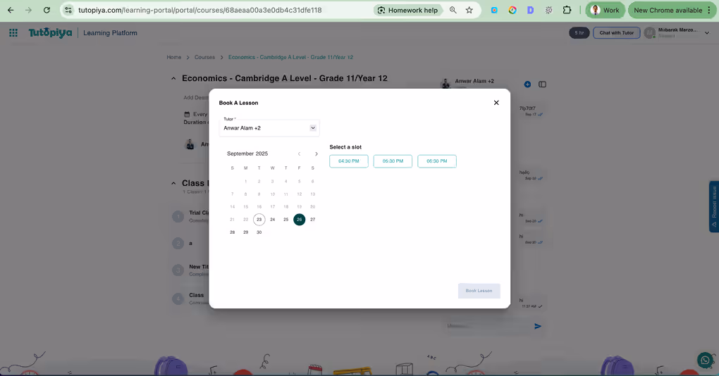 Tutopiya book a lesson calendar modal