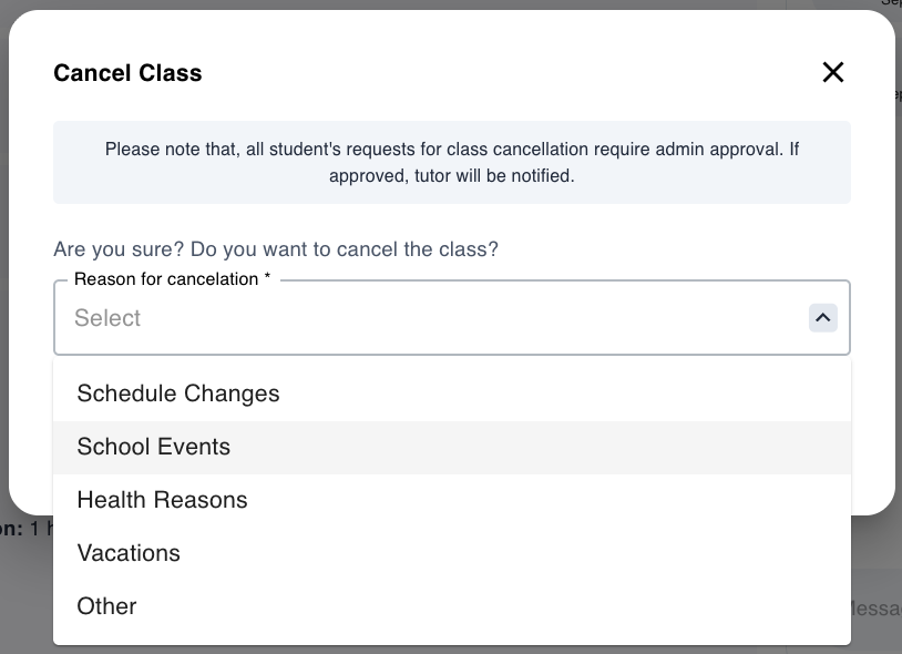 Cancel Class Modal with Reason Selection
