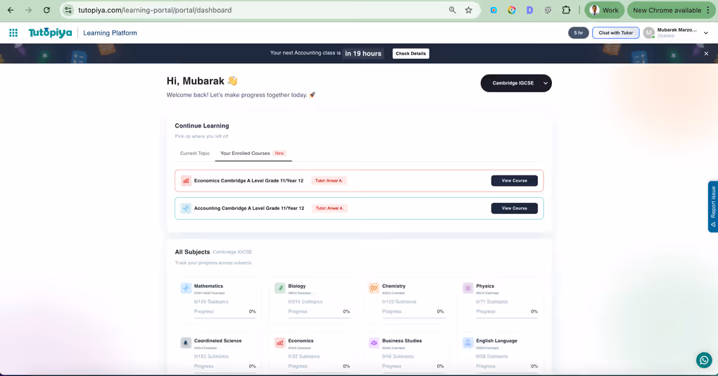 Tutopiya dashboard with enrolled courses