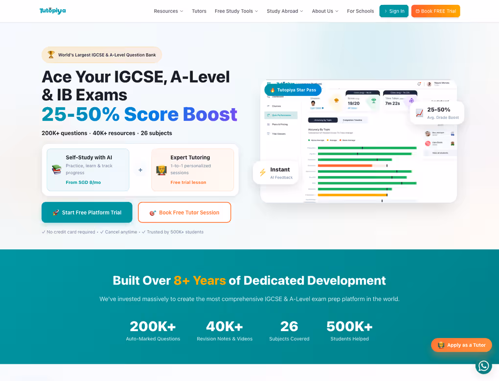 Tutopiya homepage with Book FREE Trial