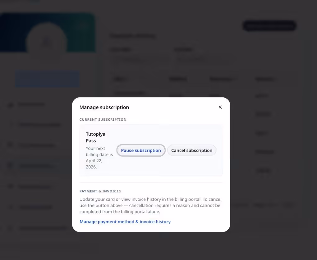 Tutopiya Manage subscription modal with Pause subscription button