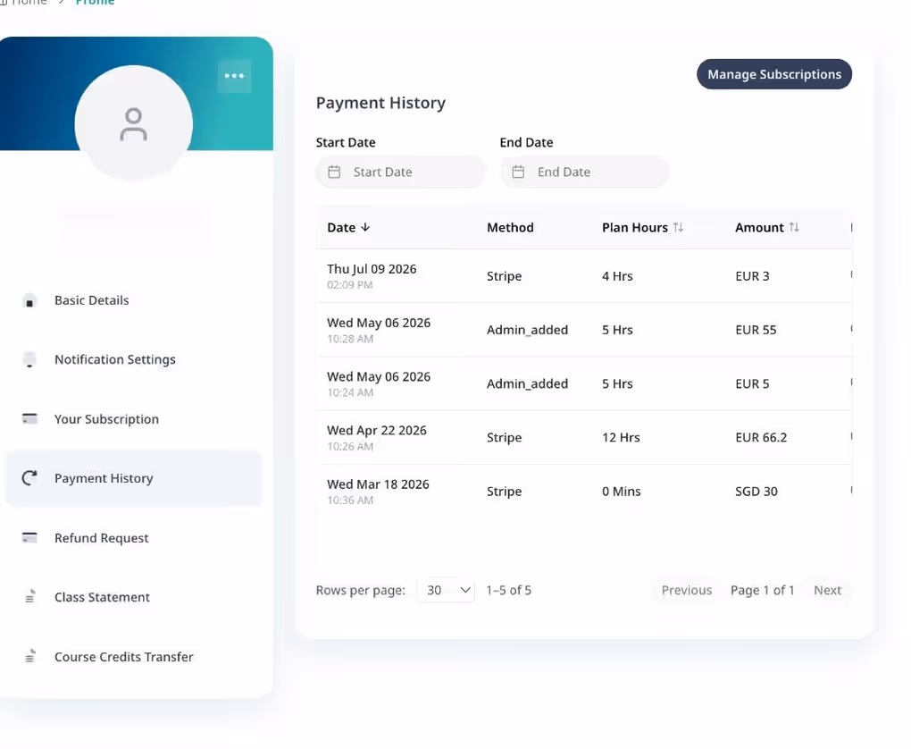 Tutopiya Payment History page with Manage Subscriptions button
